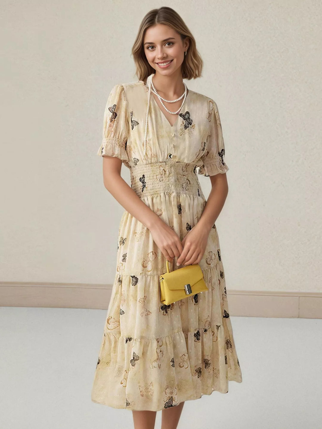 feel effortlessly linen blend unique print smocked back midi dress Linen Blend Dresses